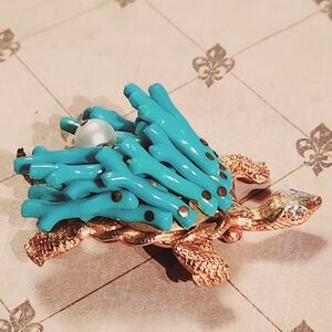 Vintage Designer Signed Hattie Carnagie Faux Turquoise Pearl Turtle Pin Brooch